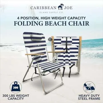 Caribbean Joe, 4 Position Folding Beach Portable Backpack Foldable Camping Chair with Headrest, Cup Holder, and Wooden Armrests, Navy/White