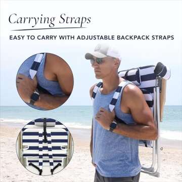 Caribbean Joe, 4 Position Folding Beach Portable Backpack Foldable Camping Chair with Headrest, Cup Holder, and Wooden Armrests, Navy/White