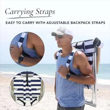 Caribbean Joe, 4 Position Folding Beach Portable Backpack Foldable Camping Chair with Headrest, Cup Holder, and Wooden Armrests, Navy/White