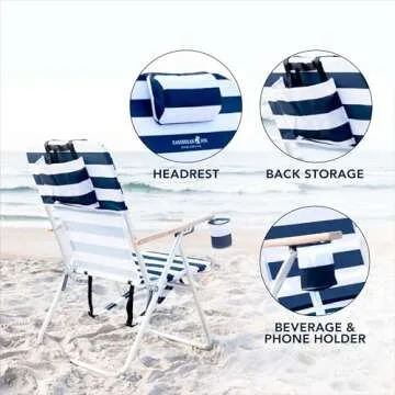 Caribbean Joe, 4 Position Folding Beach Portable Backpack Foldable Camping Chair with Headrest, Cup Holder, and Wooden Armrests, Navy/White
