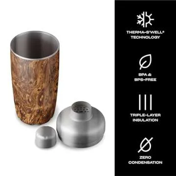 S'well Stainless Steel Shaker Set with Jigger, 18oz, Teakwood, Triple Layered Vacuum Insulated Container Keeps Cocktails Colder for Longer, BPA Free Barware