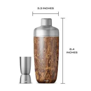 S'well Stainless Steel Shaker Set with Jigger, 18oz, Teakwood, Triple Layered Vacuum Insulated Container Keeps Cocktails Colder for Longer, BPA Free Barware