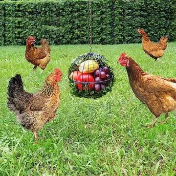 GSHWXD Hanging Chicken Feeder - 7.1 Inch Large Iron Chicken Veggie Treat Ball - Sturdy Chicken Treat Holder with 15.7 Inch Hanging Chain - Black