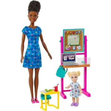 Barbie Careers Playset, Teacher Set with Blonde Fashion Doll, 1 Brunette Toddler Small Doll, Furnitu...