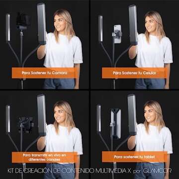 GLAMCOR Multimedia X Content Creation Kit | Deluxe Portable LED Lighting Kit with Powered Smartphone and Tablet Mounts, Camera Mount and Mirror