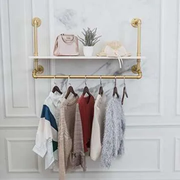 Tianman 40",Gold,White,Industrial Detachable Wall-Mounted Black Iron Wooden Garment Bar,Heavy Duty Pipe Clothing Rack,Pipe Clothes Rack, Multi-Purpose Hanging Rod for Closet Storage