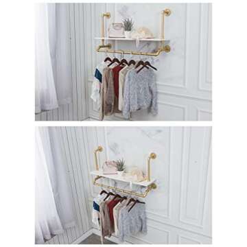 Tianman 40",Gold,White,Industrial Detachable Wall-Mounted Black Iron Wooden Garment Bar,Heavy Duty Pipe Clothing Rack,Pipe Clothes Rack, Multi-Purpose Hanging Rod for Closet Storage