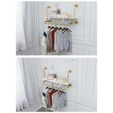 Tianman 40",Gold,White,Industrial Detachable Wall-Mounted Black Iron Wooden Garment Bar,Heavy Duty Pipe Clothing Rack,Pipe Clothes Rack, Multi-Purpose Hanging Rod for Closet Storage