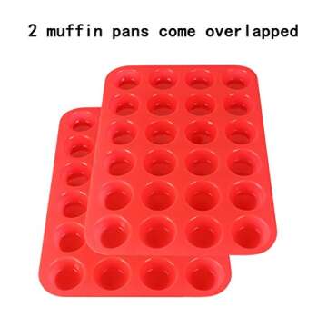 2Packs Mini Muffin Pan Silicone Cupcake Baking Cups - Non Stick Silicone Molds for Muffin Tins (2 Trays Overlapped, Red)