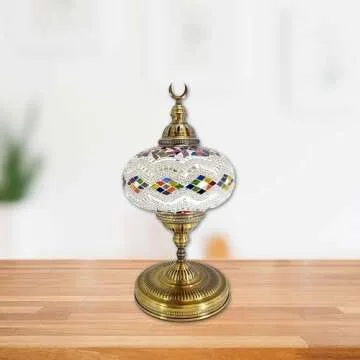 LaModaHome Turkish Lamp Handmade Extra Large Moroccon Tiffany Style Glass Mosaic Desk Table Lamp Light - 14" Tall