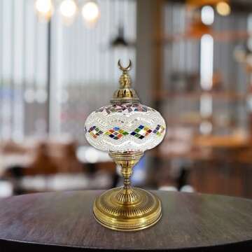 LaModaHome Turkish Lamp Handmade Extra Large Moroccon Tiffany Style Glass Mosaic Desk Table Lamp Light - 14" Tall