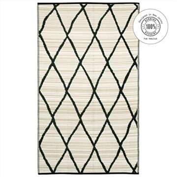 Fab Habitat Outdoor Rug - Waterproof, Fade Resistant, Crease-Free - Premium Recycled Plastic - Moroccan Geo Lattice - Patio, Deck, Porch, Balcony, Laundry Room - Nairobi - Natural & Black - 4 x 6 ft