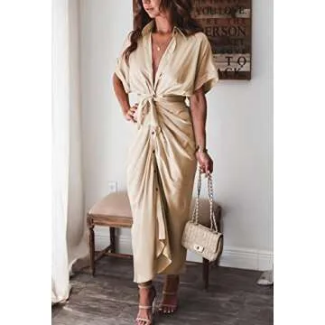 Linsery Women's Ruched Shirt Dress Sexy Short Sleeve Button Down Wrap Maxi Dress with Belt Apricot Small
