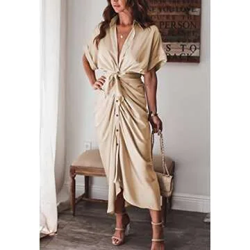 Linsery Women's Ruched Shirt Dress Sexy Short Sleeve Button Down Wrap Maxi Dress with Belt Apricot Small