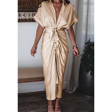 Linsery Women's Ruched Shirt Dress Sexy Short Sleeve Button Down Wrap Maxi Dress with Belt Apricot Small