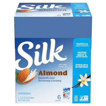 Silk Shelf-Stable Almond Milk, Vanilla Flavor - Dairy-Free, Vegan, Non-GMO, 1 Quart (Pack of 6)