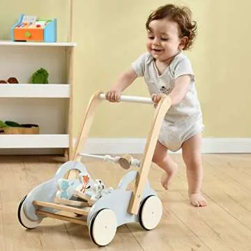 labebe Push Walker Stroller Toys,Pull Wagon for Kid,Gray Animal-Push Toy for Toddler, sit to Stand Learning Walker, 2-in-1 Activity Push Walker for Infant/Child, Wooden Play Wagon 4 Wheel Push Walker