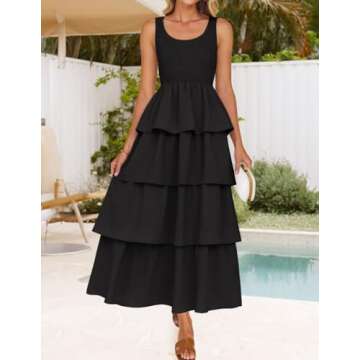 ZESICA Women's 2025 Summer Boho Sleeveless Midi Dress Scoop Neck Ruffle Tiered Layered Swing Long Beach Vacation Dresses,Black,Small