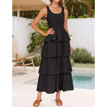 ZESICA Women's 2025 Summer Boho Sleeveless Midi Dress Scoop Neck Ruffle Tiered Layered Swing Long Beach Vacation Dresses,Black,Small