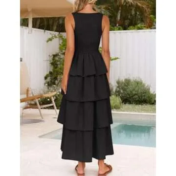 ZESICA Women's 2025 Summer Boho Sleeveless Midi Dress Scoop Neck Ruffle Tiered Layered Swing Long Beach Vacation Dresses,Black,Small
