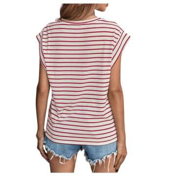 Floerns Women's Casual Stripe Print Cap Sleeve T Shirts Round Neck Tee Red and White S