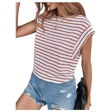 Floerns Women's Casual Stripe Print Cap Sleeve T Shirts Round Neck Tee Red and White S