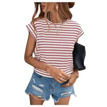 Floerns Women's Casual Stripe Print Cap Sleeve T Shirts Round Neck Tee Red and White S