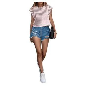 Floerns Women's Casual Stripe Print Cap Sleeve T Shirts Round Neck Tee Red and White S