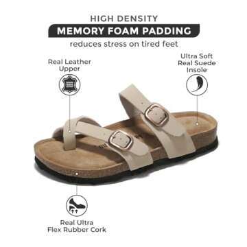 Project Cloud 100% Genuine Leather Womens Sandals - Cork Footbed Slides For Women - Comfortable Sand...