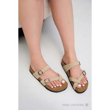 Project Cloud 100% Genuine Leather Womens Sandals - Cork Footbed Slides For Women - Comfortable Sandals Women with Memory Foam Beach Essential Summer Sandals For Women 2024 (Lian, Beige, 9)