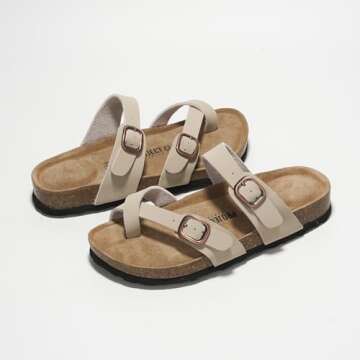 Project Cloud 100% Genuine Leather Womens Sandals - Cork Footbed Slides For Women - Comfortable Sandals Women with Memory Foam Beach Essential Summer Sandals For Women 2024 (Lian, Beige, 9)