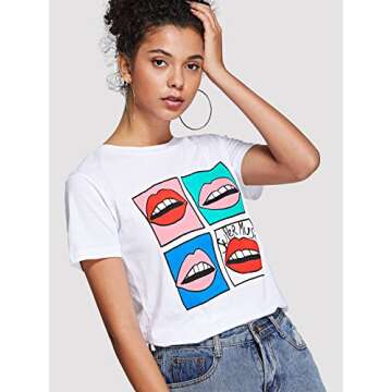 Milumia Women's Lip Print Short Sleeve Tee - Stylish & Fun