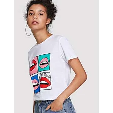Milumia Women's Lip Print Short Sleeve Tee - Stylish & Fun