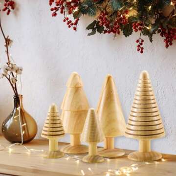 Quzzil 5 Pcs Wooden Christmas Tree Vintage Mini Farmhouse Wood Miniature Trees Handmade Christmas Rustic Tree Figurine Set 4/6.5 Inch Xmas Table Centerpiece Figurines for Table Decoration