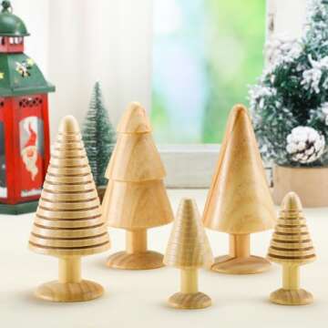 Quzzil 5 Pcs Wooden Christmas Tree Vintage Mini Farmhouse Wood Miniature Trees Handmade Christmas Rustic Tree Figurine Set 4/6.5 Inch Xmas Table Centerpiece Figurines for Table Decoration