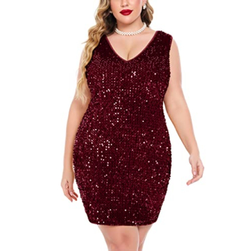 IN'VOLAND Womens Sequin Dress Plus Size V Neck Party Cocktail Sparkle Glitter Evening Stretchy Mini ...