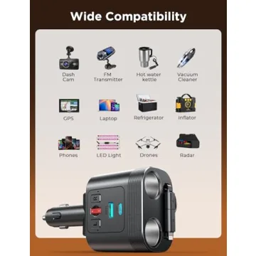 JOYROOM 5 in 1 Car Cigarette Lighter Adapter, 160W Fast Charging Car Charger Adapter, 2-Socket Cigarette Lighter Splitter, Retractable Car Charger for iPhone Android All Car Devices