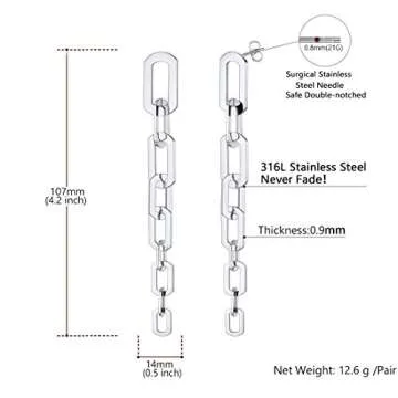 U7 4.2 Inch Long Drop Earrings Stainless Steel Y2K Party Earring for Women Paperclip Chain Earrings