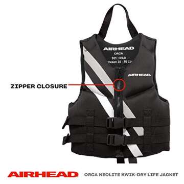 Airhead Orca Neoprene Kwik-Dry Neolite Life Jacket, USCG Approved Adult, Youth and Child Sizes
