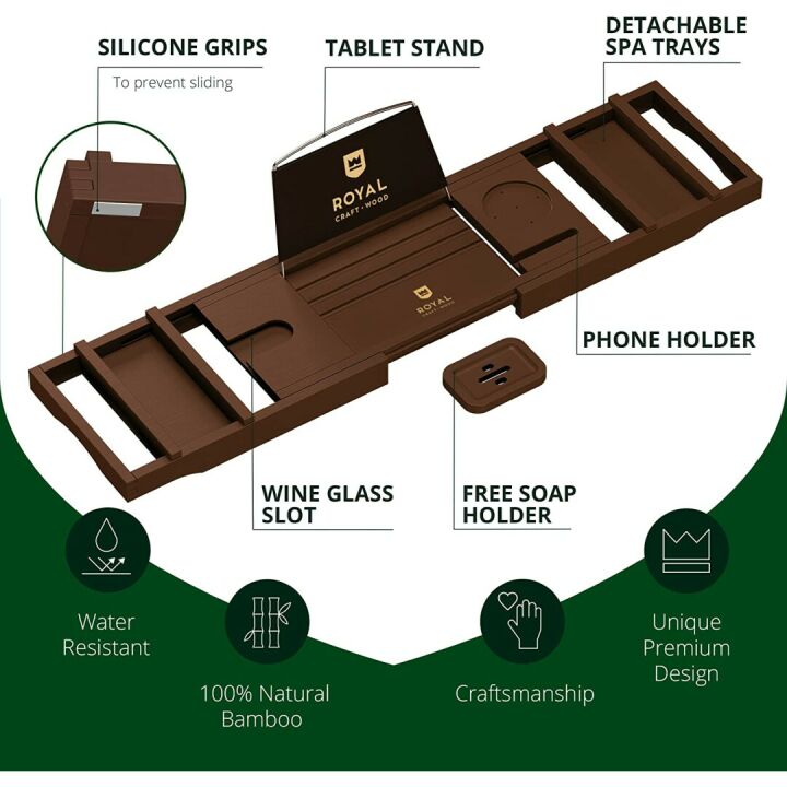 Luxury Bathtub Caddy Tray with Soap Dish - Brown