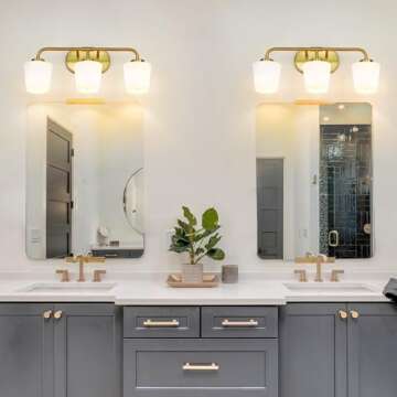 Audickic Brushed Gold Bathroom Vanity Light, Farmhouse Brass Sconces Wall Lighting with Milk White G...