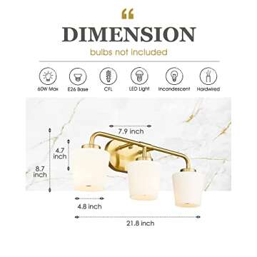 Audickic Brushed Gold Bathroom Vanity Light, Farmhouse Brass Sconces Wall Lighting with Milk White Glass, 3-Light Champagne Bronze Light Fixture Over Mirror, AD-22004-3W-GD