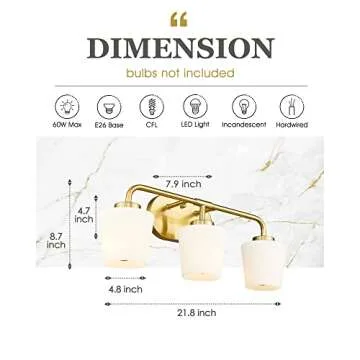 Audickic Brushed Gold Bathroom Vanity Light, Farmhouse Brass Sconces Wall Lighting with Milk White Glass, 3-Light Champagne Bronze Light Fixture Over Mirror, AD-22004-3W-GD