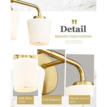 Audickic Brushed Gold Bathroom Vanity Light, Farmhouse Brass Sconces Wall Lighting with Milk White Glass, 3-Light Champagne Bronze Light Fixture Over Mirror, AD-22004-3W-GD