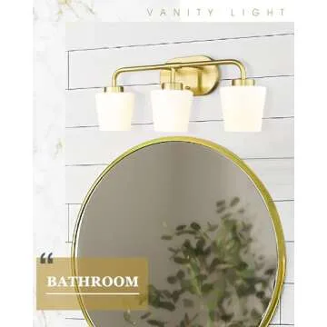 Audickic Brushed Gold Bathroom Vanity Light, Farmhouse Brass Sconces Wall Lighting with Milk White Glass, 3-Light Champagne Bronze Light Fixture Over Mirror, AD-22004-3W-GD