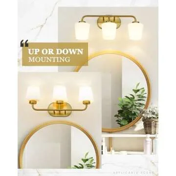 Audickic Brushed Gold Bathroom Vanity Light, Farmhouse Brass Sconces Wall Lighting with Milk White Glass, 3-Light Champagne Bronze Light Fixture Over Mirror, AD-22004-3W-GD