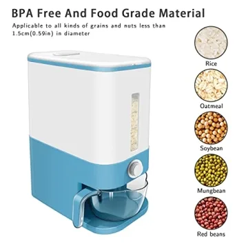 Lenwi 25 Lbs Rice Dispenser, Large Cereal Dry Food Storage Containers with Measuring Cup,BPA-Free Household for Kitchen Pantry Organization-Blue