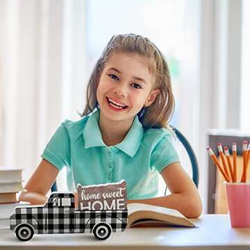 Wooden Pickup Truck, Black and White Plaid Wooden Ornament, Home Sweet Home Wooden Decor for Window Shelf Desk and Home Decor