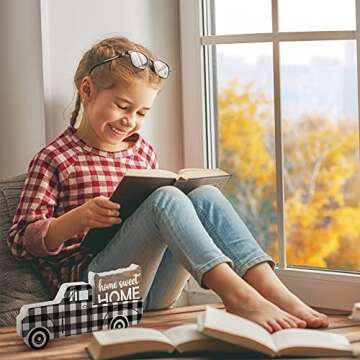 Wooden Pickup Truck, Black and White Plaid Wooden Ornament, Home Sweet Home Wooden Decor for Window Shelf Desk and Home Decor