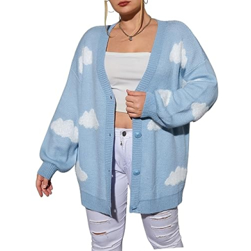 Verdusa Women's Plus Size Button Down Drop Shoulder Printed Sweater Cardigan Outerwear Light Blue 2X...